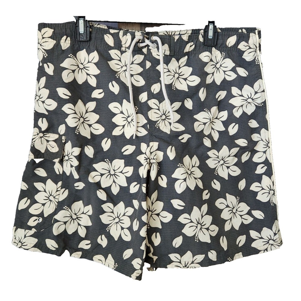 Planks Hawaiian Sz M Brown Hibiskus Board Shorts Swimsuit Mens‎ Swim Trunk Cargo